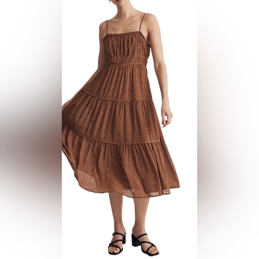 Madewell Sophia Cami Tiered Midi Dress in Sepia Dot
